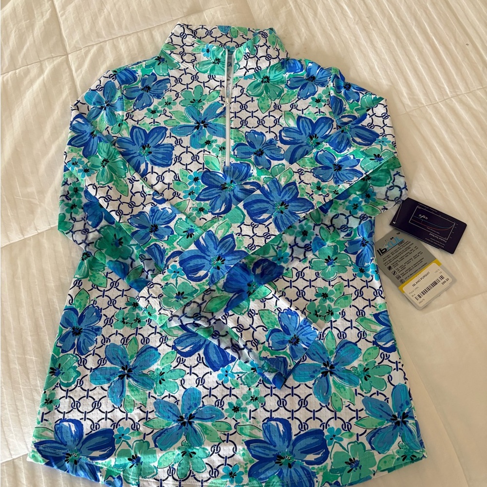 Floral Blue and Green Quarter-Zip Top